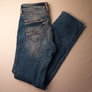 Silver Jeans Co Womens Suki Mid Rise Straight Raw Hem Denim Jeans Size 28/6 Blue